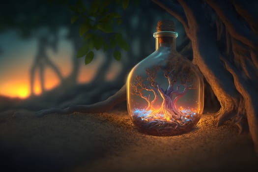 glowing potion bottle with magic tree inside on night forest ground, neural network generated art. Digitally generated image. Not based on any actual person, scene or pattern.