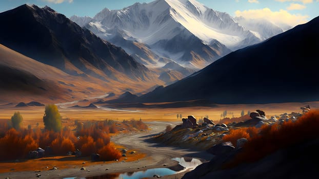 landscape of wild mountain valley with dry dirt road at sunny autumnal day, neural network generated art. Digitally generated image. Not based on any actual person, scene or pattern.