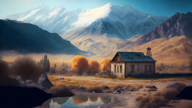 landscape of wild mountain valley with small old house at sunny autumnal day, neural network generated art. Digitally generated image. Not based on any actual person, scene or pattern.