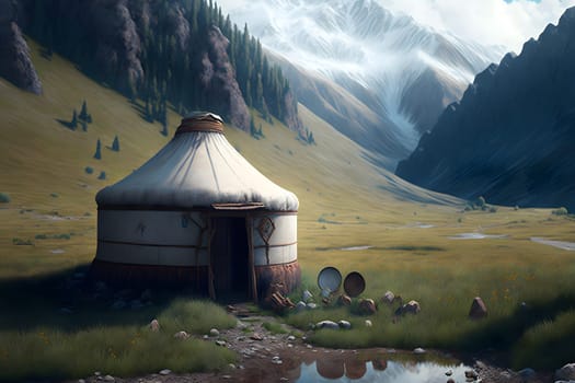 landscape of wild Tiah-Shan mountain valley with kyrgyz yurt at sunny summer day, neural network generated art. Digitally generated image. Not based on any actual person, scene or pattern.