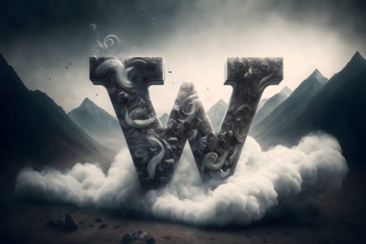 giant W letter in white cloud on vally between black mountains, neural network generated art. Digitally generated image. Not based on any actual person, scene or pattern.