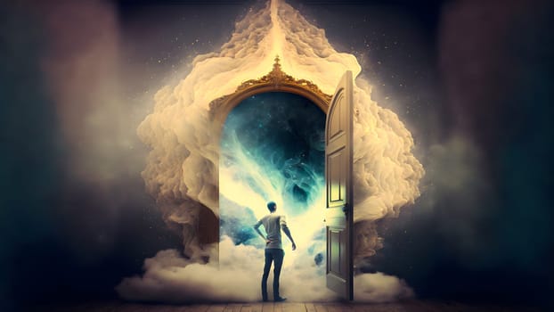 man standing in front of opened magic fantasy door with white smoke, neural network generated art. Digitally generated image. Not based on any actual person, scene or pattern.