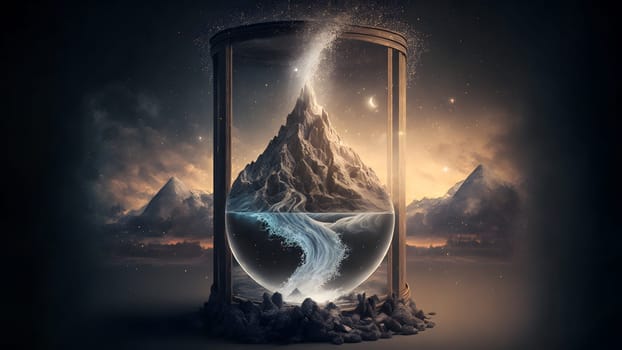 fantasy flask half-filled with water and with a mountain in it, neural network generated art. Digitally generated image. Not based on any actual person, scene or pattern.