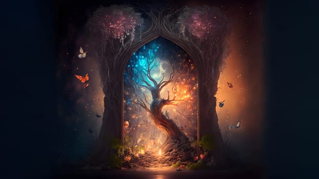 magic tree inside an arch,, neural network generated art. Digitally generated image. Not based on any actual person, scene or pattern.