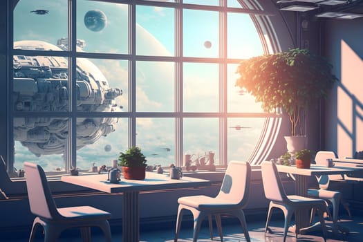 space station cafe interior with large windows with cloudy sky behind in sci-fi futuristic style, neural network generated art. Digitally generated image. Not based on any actual scene or pattern.