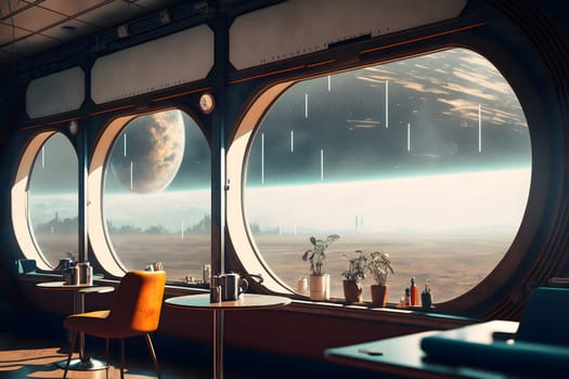 orbital space station cafe interior with large windows with blue planet behind, sci-fi style, neural network generated art. Digitally generated image. Not based on any actual scene or pattern.