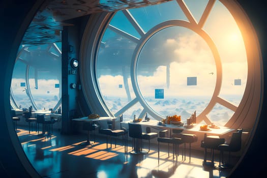 space station cafe interior with large round window with clouds behind in sci-fi futuristic style, neural network generated art. Digitally generated image. Not based on any actual scene or pattern.