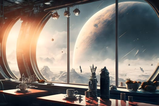 orbital space station cafe interior with large windows with blue planet behind, sci-fi style, neural network generated art. Digitally generated image. Not based on any actual scene or pattern.