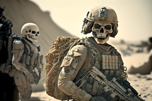 contemporary infantry soldier is a skelet in a desert at sunny day, neural network generated art. Digitally generated image. Not based on any actual person, scene or pattern.