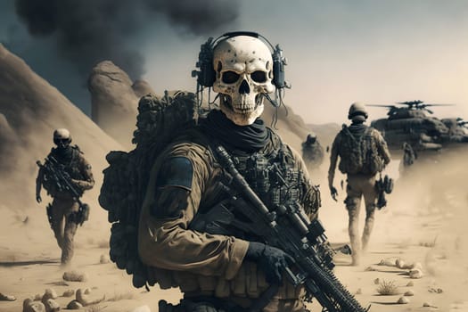contemporary infantry soldier is a skelet in a desert at sunny day, neural network generated art. Digitally generated image. Not based on any actual person, scene or pattern.