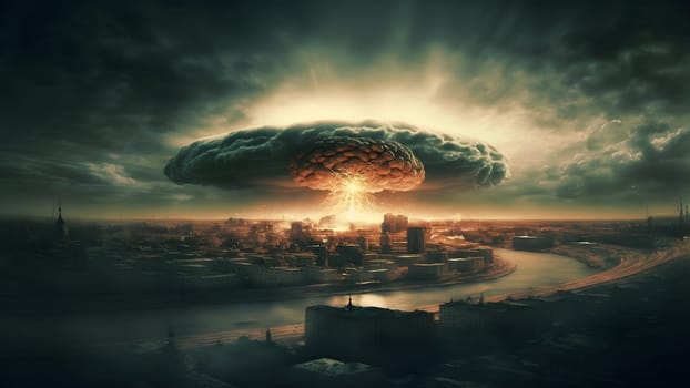 nuclear explosion mushroom cloud over russian city at morning, neural network generated art. Digitally generated image. Not based on any actual person, scene or pattern.