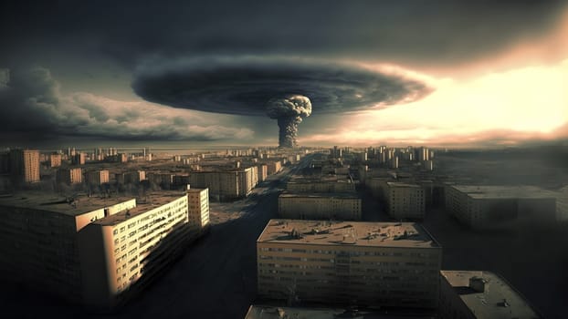 nuclear explosion mushroom cloud over russian city at morning, neural network generated art. Digitally generated image. Not based on any actual person, scene or pattern.