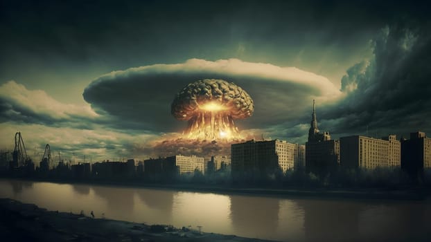 nuclear explosion mushroom cloud over russian city at morning, neural network generated art. Digitally generated image. Not based on any actual person, scene or pattern.