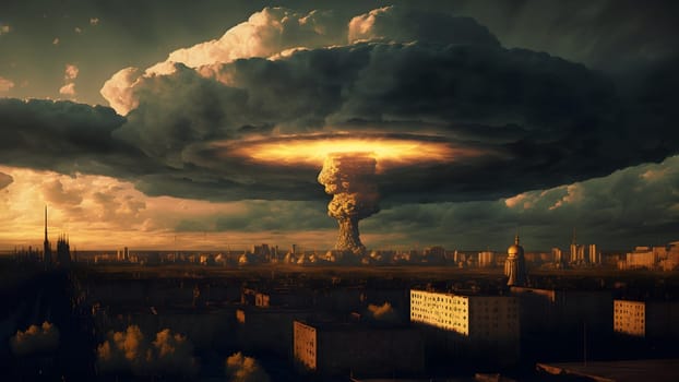 nuclear explosion mushroom cloud over russian city at summer morning, neural network generated art. Digitally generated image. Not based on any actual person, scene or pattern.