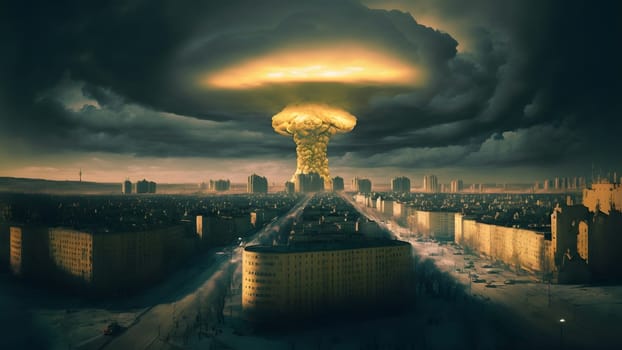 nuclear explosion mushroom cloud over russian city at winter morning, neural network generated art. Digitally generated image. Not based on any actual person, scene or pattern.