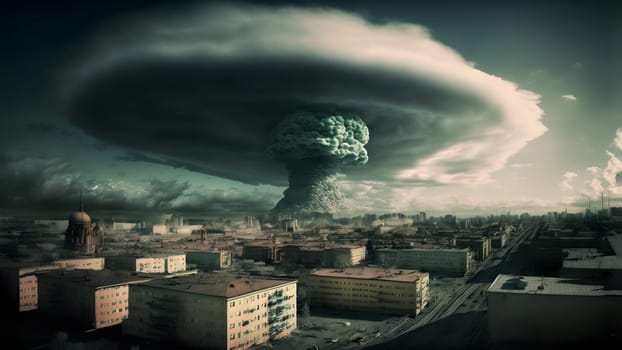 nuclear explosion mushroom cloud over russian city at winter morning, neural network generated art. Digitally generated image. Not based on any actual person, scene or pattern.