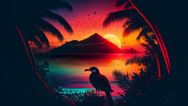 neon sunset in tropical paradise island, neural network generated art. Digitally generated image. Not based on any actual scene or pattern.