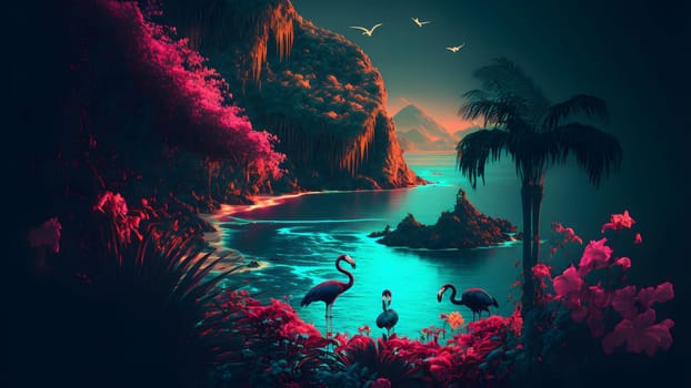 neon tropical paradise bay with turquoise water and flamingo birds, neural network generated art. Digitally generated image. Not based on any actual scene or pattern.