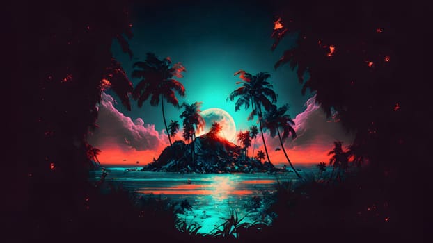 neon moon glow in tropical paradise island, neural network generated art. Digitally generated image. Not based on any actual scene or pattern.