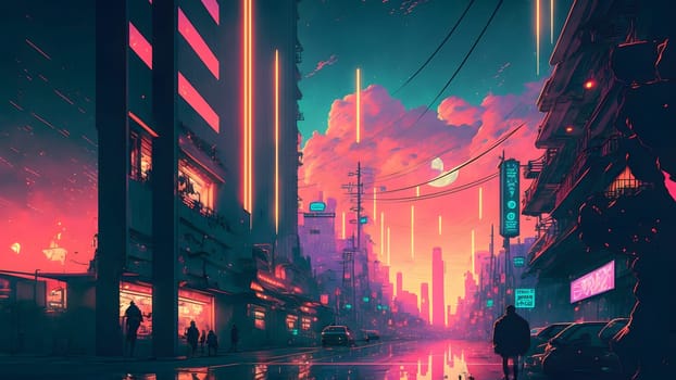 neon pink sunrise in futuristic city, neural network generated art. Digitally generated image. Not based on any actual person, scene or pattern.