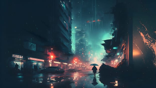 rainy night in cyberpunk city street, neural network generated art. Digitally generated image. Not based on any actual person, scene or pattern.