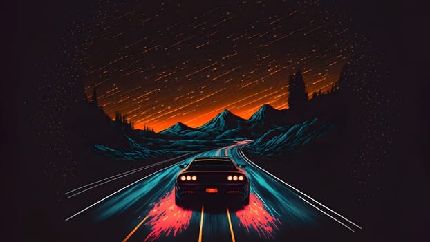 alone car on dark night road in wilderness with forest on sides and mountains on the horizon, neural network generated art. Digitally generated image. Not based on any actual scene or pattern.