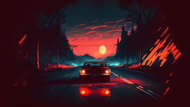 classic car on dark night road in wilderness with forest on sides and mountains on the horizon, neural network generated art. Digitally generated image. Not based on any actual scene or pattern.