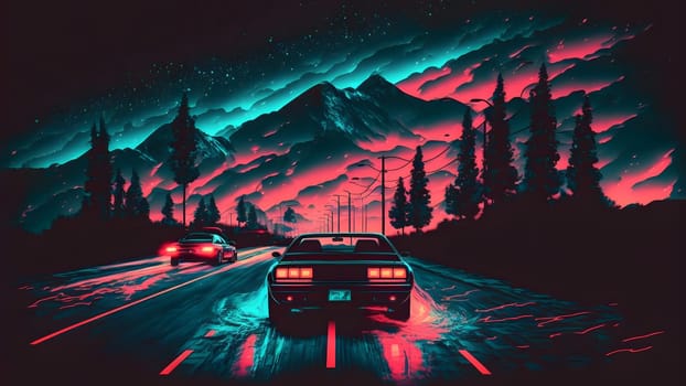two cars on dark full moon night road in wilderness with forest on sides and mountains on the horizon, neural network generated art. Digitally generated image. Not based on any actual scene or pattern.