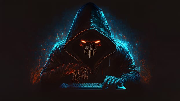 evil hacker in black hood and mask on dark black-cyan data background, neural network generated art. Digitally generated image. Not based on any actual person, scene or pattern.