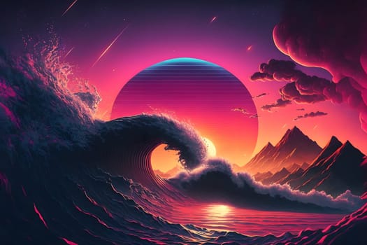 ocean wave at purple sunset in retro style, neural network generated art. Digitally generated image. Not based on any actual person, scene or pattern.