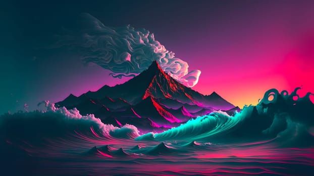 ocean waves at purple sunset with mountain in the background, neural network generated art. Digitally generated image. Not based on any actual scene or pattern.