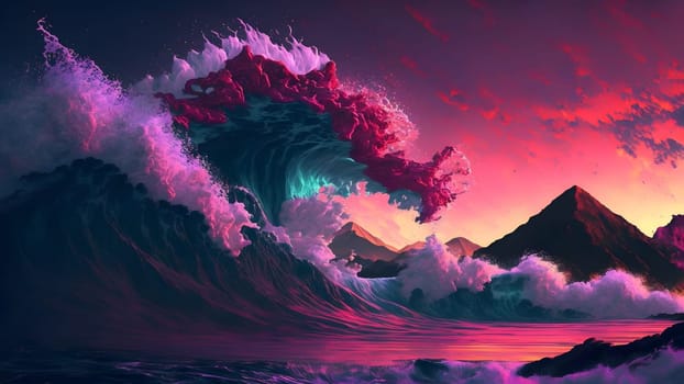 ocean wave at purple sunset in retro style, neural network generated art. Digitally generated image. Not based on any actual person, scene or pattern.