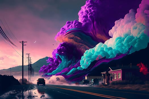 giant colorful vapour waves is about to cover small town houses near highway at sunset, neural network generated art. Digitally generated image. Not based on any actual person, scene or pattern.