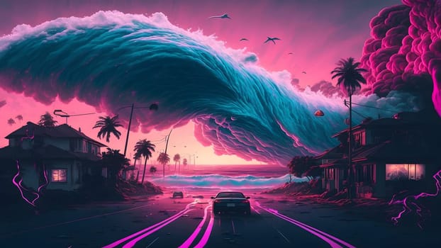 giant colorful vapour waves is about to cover small coastal town houses near highway at sunset, neural network generated art. Digitally generated image. Not based on any actual person, scene or pattern.