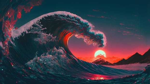 ocean wave at purple sunset in retro style, neural network generated art. Digitally generated image. Not based on any actual person, scene or pattern.