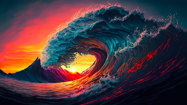ocean wave at purple sunset in retro style, neural network generated art. Digitally generated image. Not based on any actual person, scene or pattern.