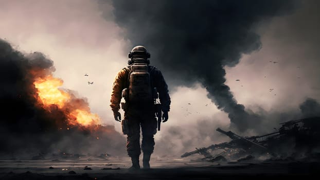 soldier walking away from camera in front of smoky battlefield, neural network generated art. Digitally generated image. Not based on any actual person, scene or pattern.