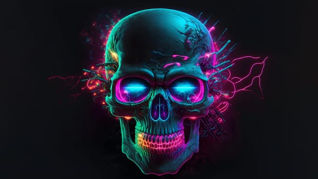 neon skull on black background, neural network generated art. Digitally generated image. Not based on any actual person, scene or pattern.