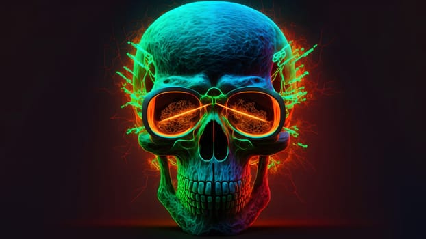 neon skull on black background, neural network generated art. Digitally generated image. Not based on any actual person, scene or pattern.