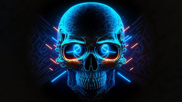 neon skull on black background, neural network generated art. Digitally generated image. Not based on any actual person, scene or pattern.