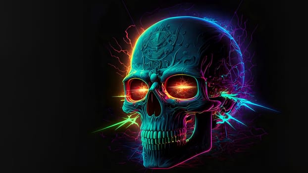 neon skull on black background, neural network generated art. Digitally generated image. Not based on any actual person, scene or pattern.