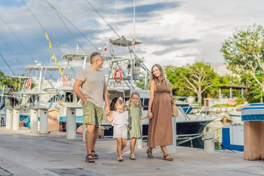 A happy, mature couple over 40 with their two daughters enjoying a leisurely walk on the waterfront, their joy evident as they embrace the journey of pregnancy later in life.