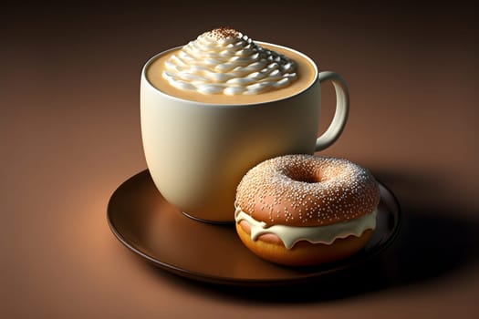 cup of latte and glazed donut on table, neural network generated art. Digitally generated image. Not based on any actual person, scene or pattern.