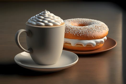 cup of latte and glazed donut on table, neural network generated art. Digitally generated image. Not based on any actual person, scene or pattern.