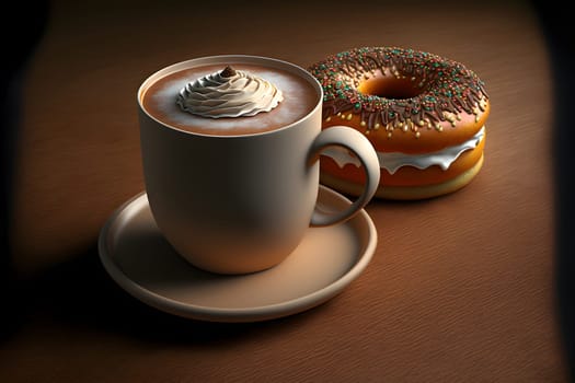 cup of latte and glazed donut on table, neural network generated art. Digitally generated image. Not based on any actual person, scene or pattern.