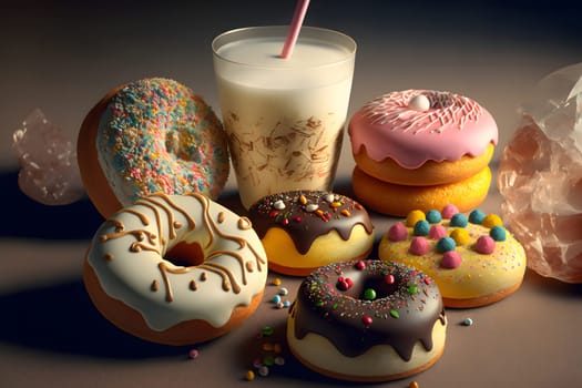 glass of milk with staw and many glazed donuts on a flat surface, neural network generated art. Digitally generated image. Not based on any actual scene.