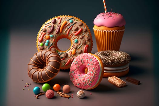 many glazed donuts and tall muffin, neural network generated art. Digitally generated image. Not based on any actual scene or pattern.