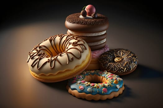stack of glazed donuts and cake, neural network generated art. Digitally generated image. Not based on any actual scene or pattern.
