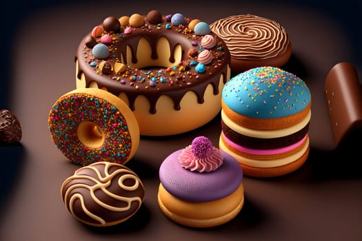 stack of glazed donuts and cake, neural network generated art. Digitally generated image. Not based on any actual scene or pattern.