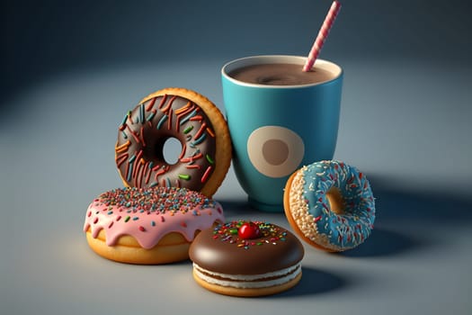 cup of cacao with straw and glazed donuts on flat surface, neural network generated art. Digitally generated image. Not based on any actual person, scene or pattern.